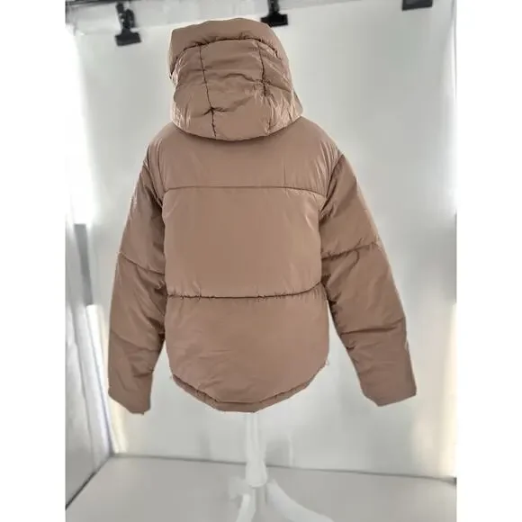 Shein Puffer Coat Jacket Sz L Brown Minimalist Trendy High Neck Normcore - Picture 4 of 11